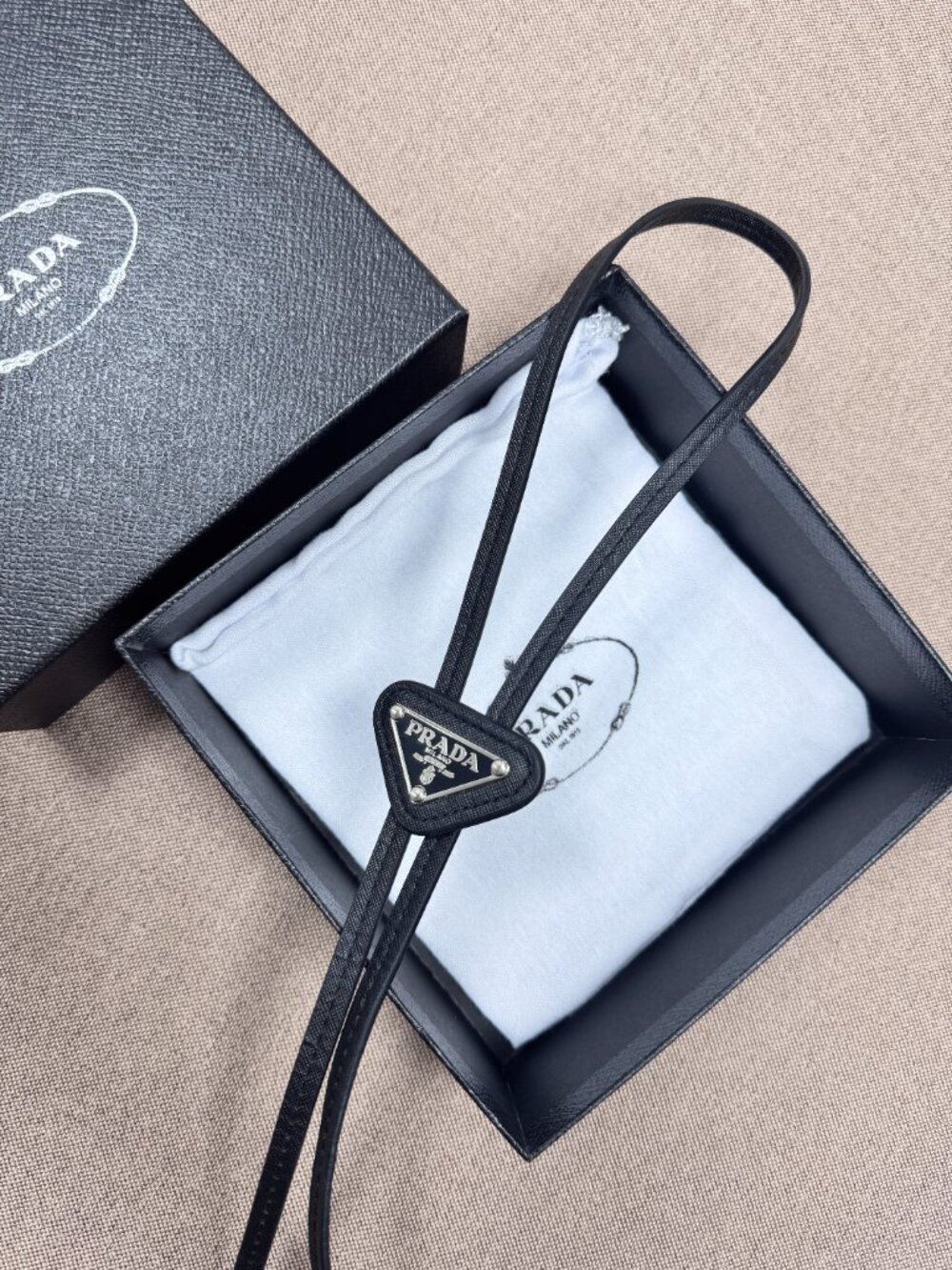 Unisex Prada Saffiano Leather Bolo Tie💕 Black Unisex, Delivery gift box 🥂